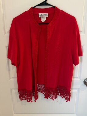 Amanda Paris London New York Red Open Front Cardigan Lace Trim Women's Large USA